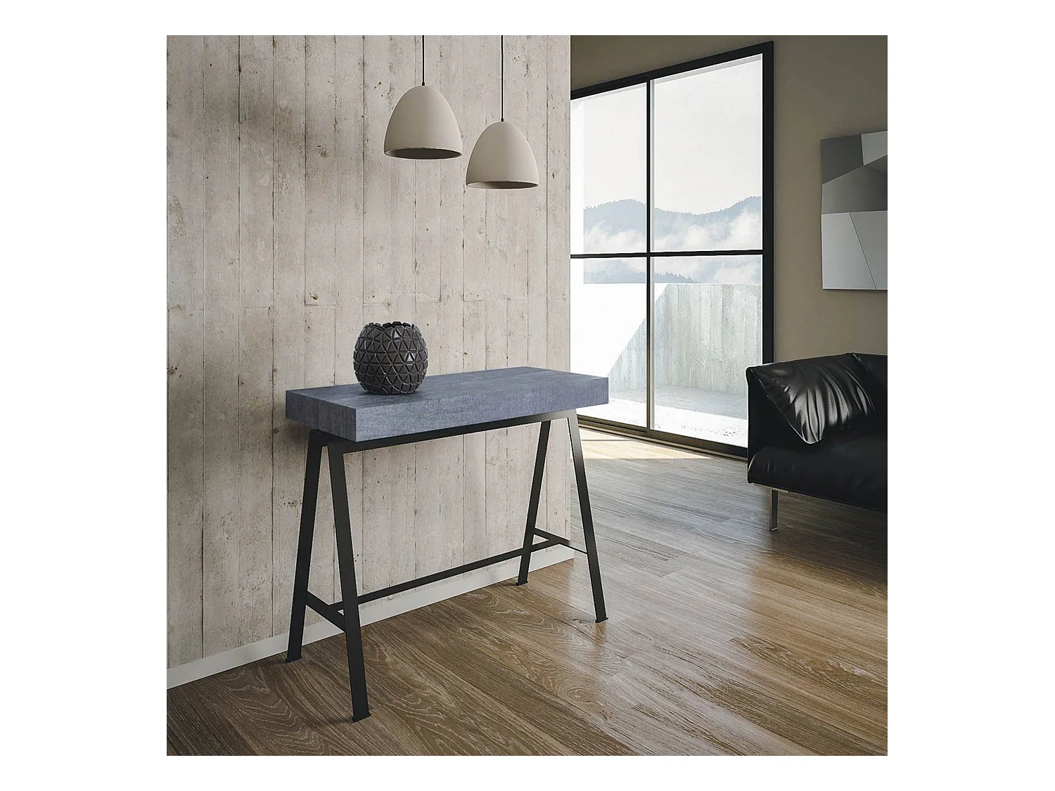 Console extensible 90x40/300 cm Banco Gris Béton cadre Anthracite
