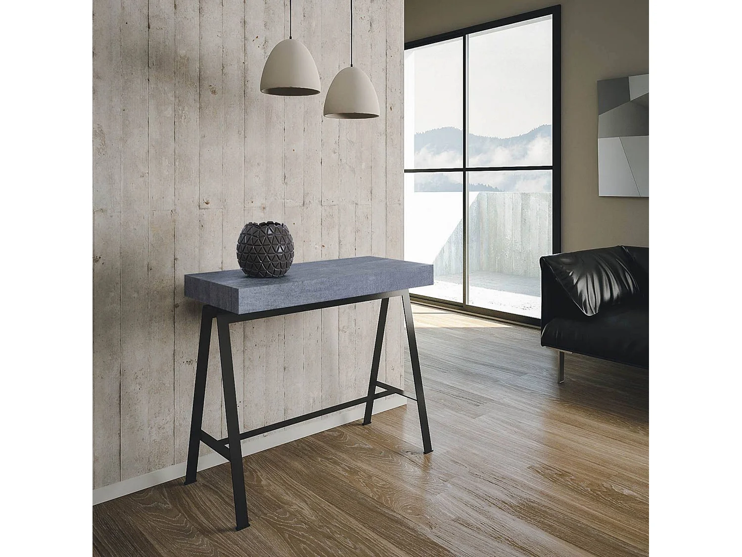 Console extensible 90x40/300 cm Banco Gris Béton cadre Anthracite