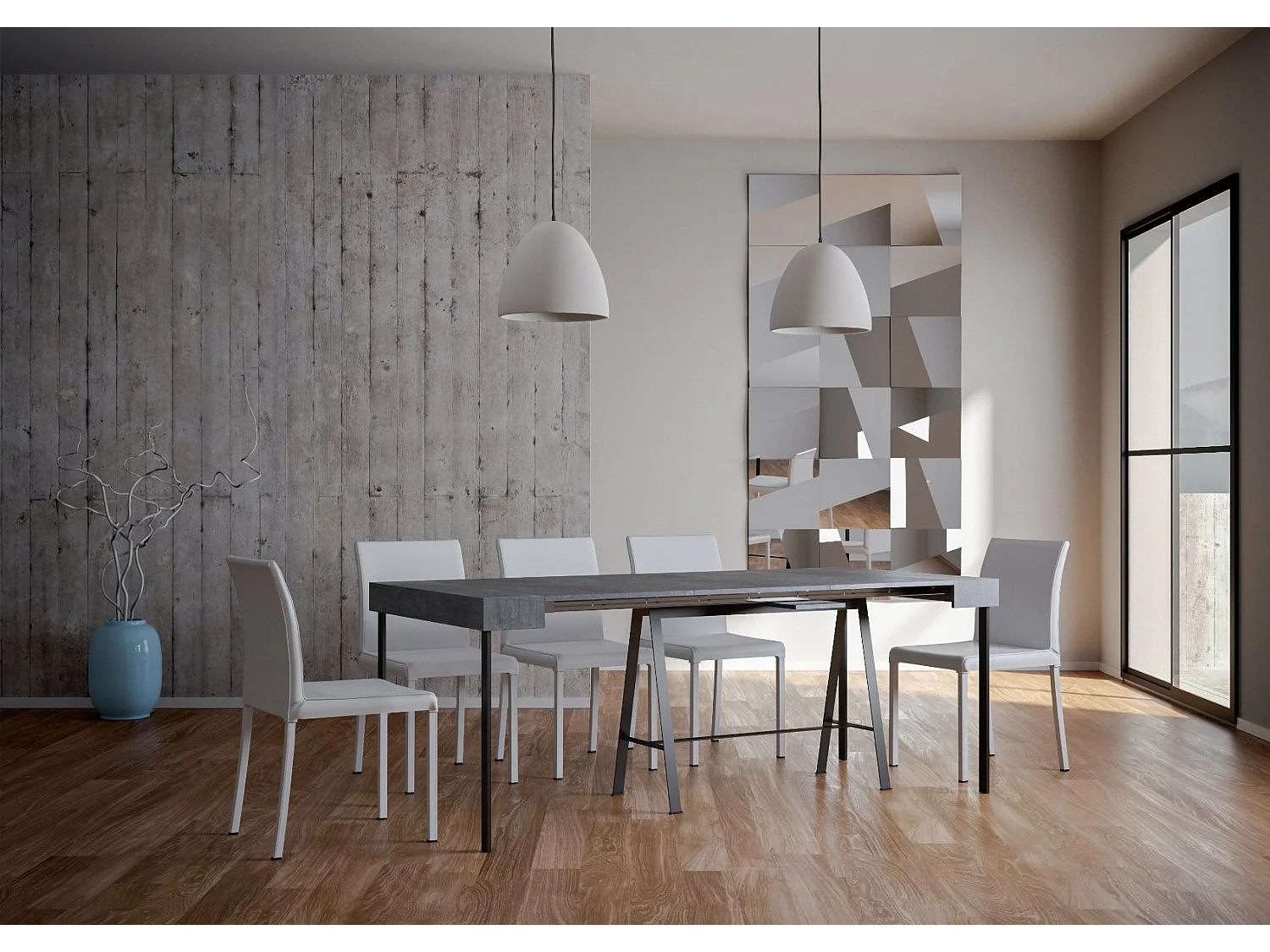 Console extensible 90x40/300 cm Banco Gris Béton cadre Anthracite