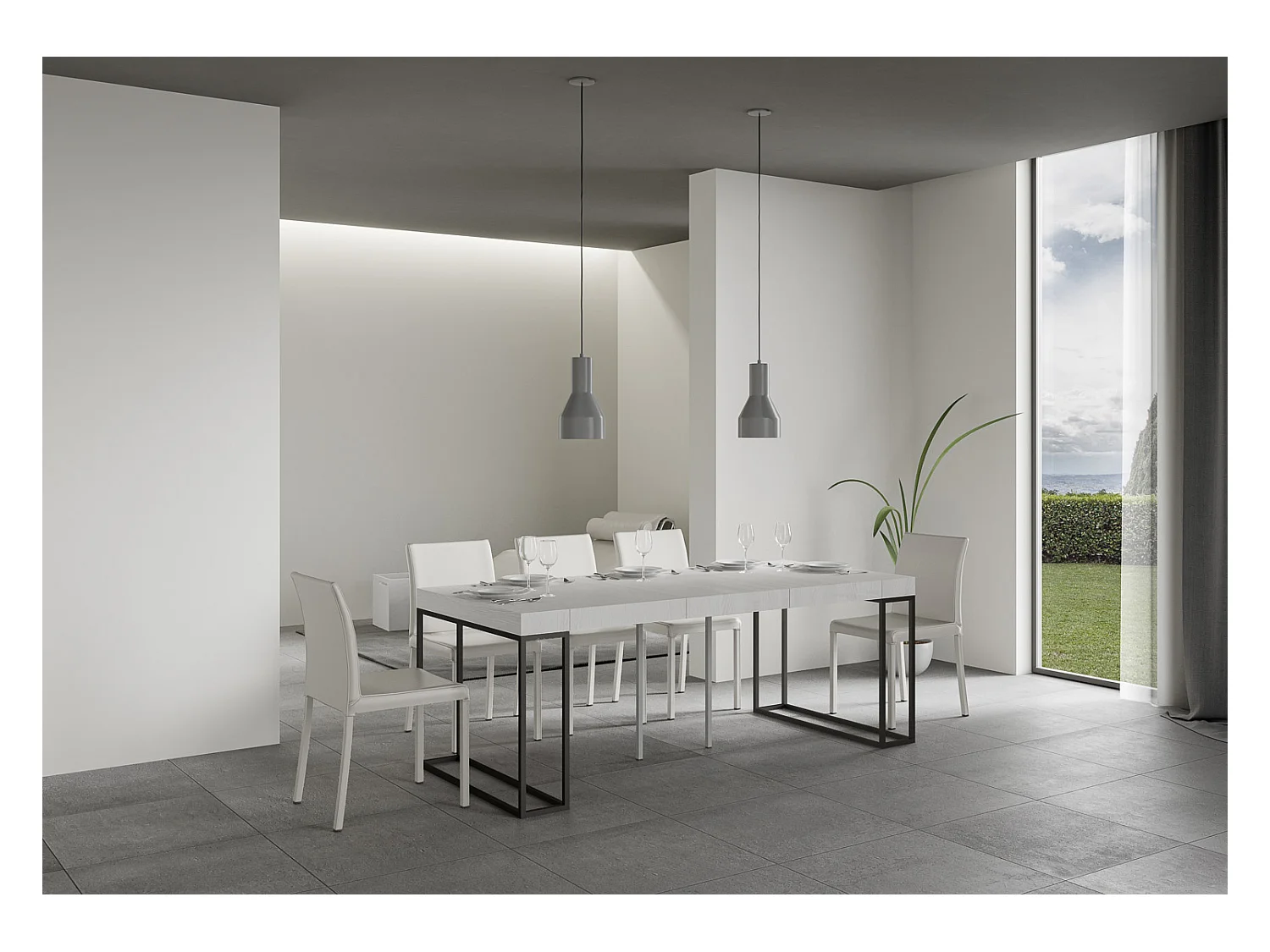 Consola Epika extensible de madera y 3 patas de acero antracita-Color Blanco-Soporte 2 pies-3 alargaderas gruesas