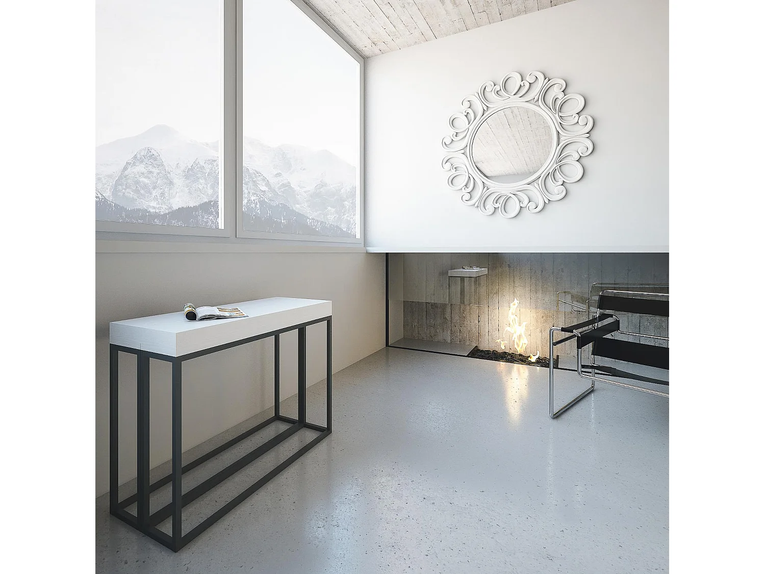 Consola Epika extensible de madera y 3 patas de acero antracita-Color Blanco-Soporte 2 pies-3 alargaderas gruesas