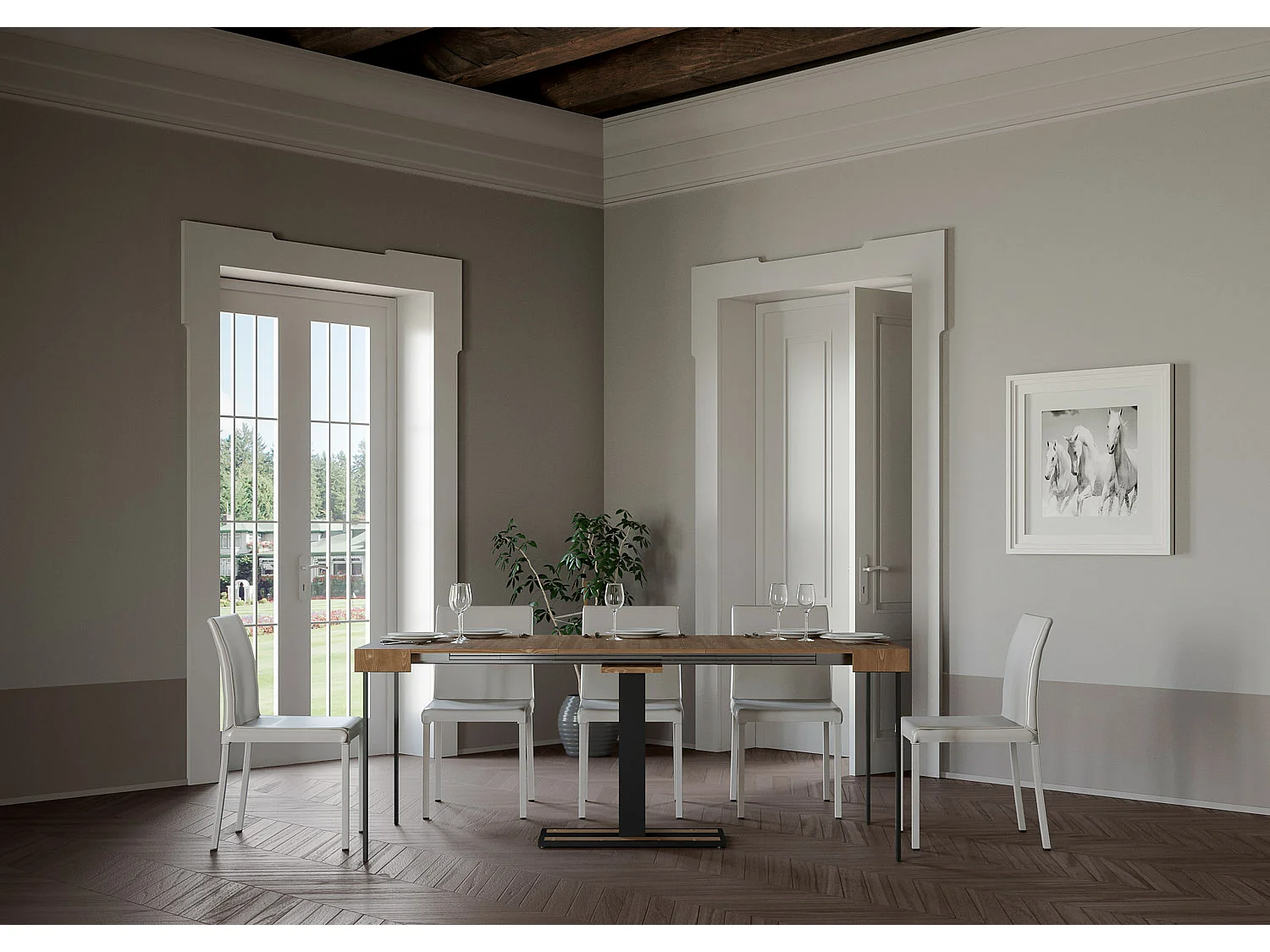 Uitschuifbare console in massief bruin dennenhout en antraciet stalen poten 40 tot 290 cm Mimo-Versie Basis