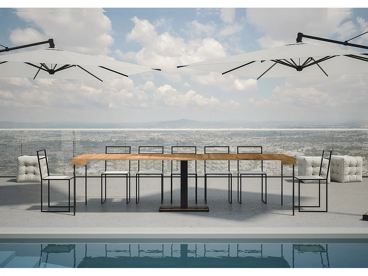 Uitschuifbare console in massief bruin dennenhout en antraciet stalen poten 40 tot 290 cm Mimo-Versie Basis