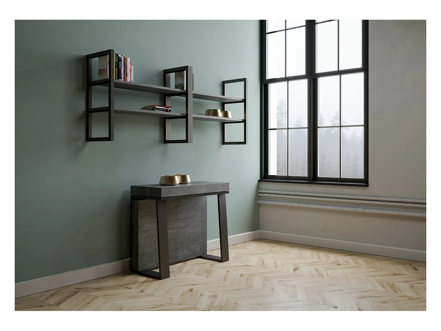 Consola extensible 90x40/288 cm Asia Cemento estructura Antracita