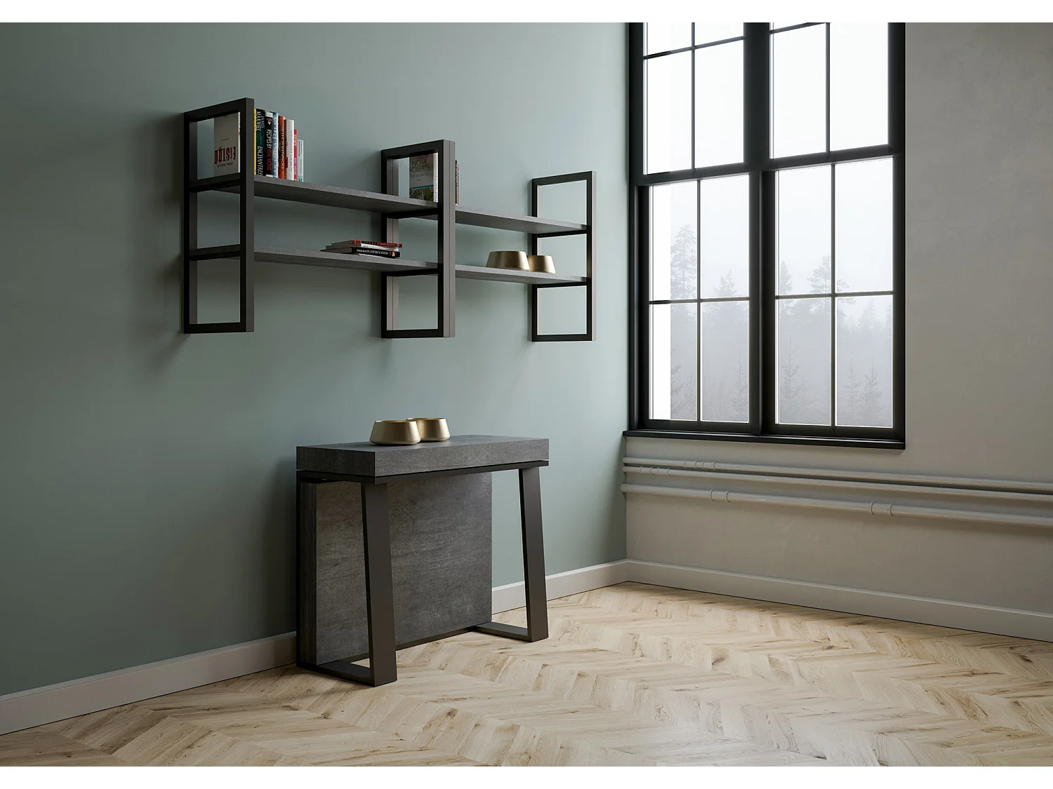 Console extensible 90x40/288 cm Asia Gris Béton rallonges internes cadre Anthracite