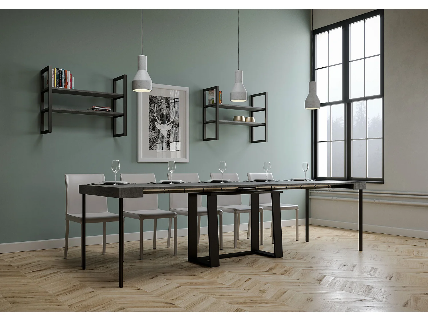 Console extensible 90x40/288 cm Asia Gris Béton rallonges internes cadre Anthracite