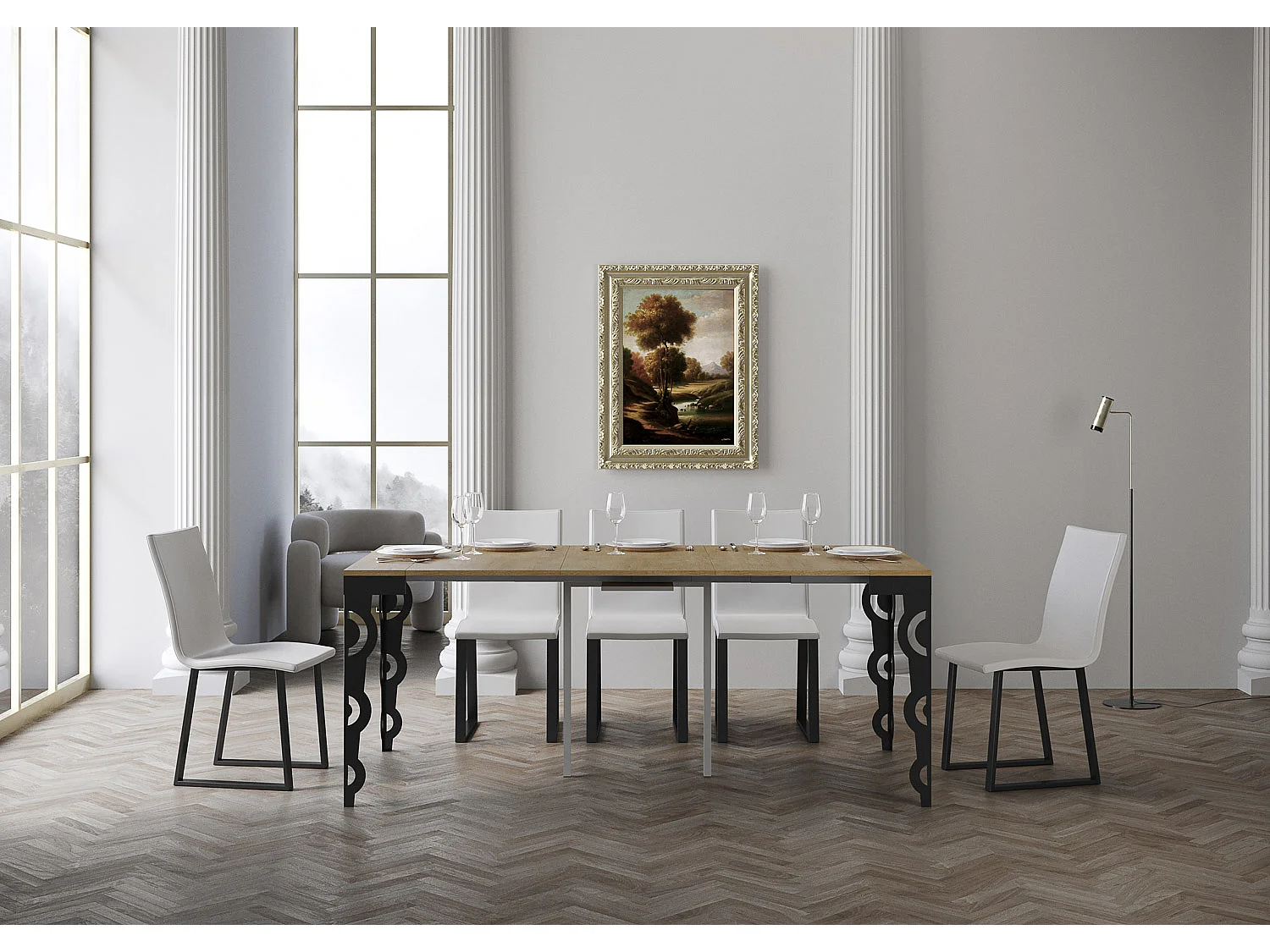 Ausziehbarer Konsolentisch 90x40/300 cm Karamay Evolution Eiche Natur mit Eisenrahmen aus Anthrazit