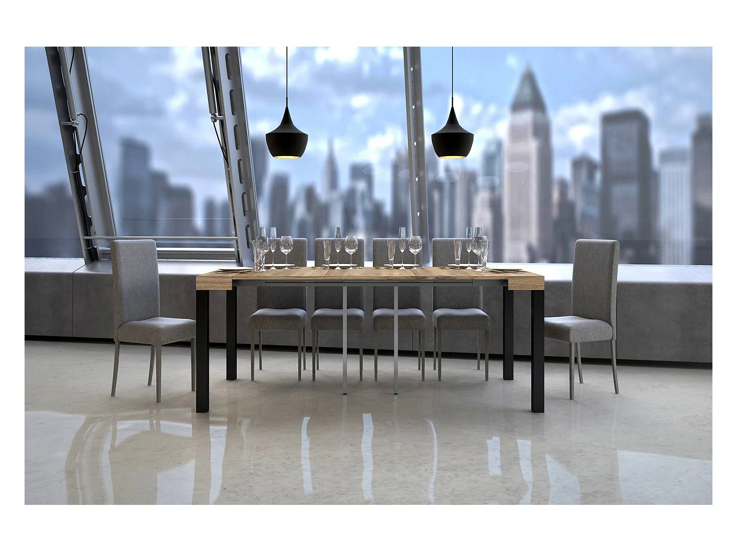 Uitschuifbare console in hout en antraciet staal Elvira 90x40/196 of 90x40/300 cm-Kleur Natuurlijk-Steun 2 voet-Verlengsnoeren 3 uitbreidingen