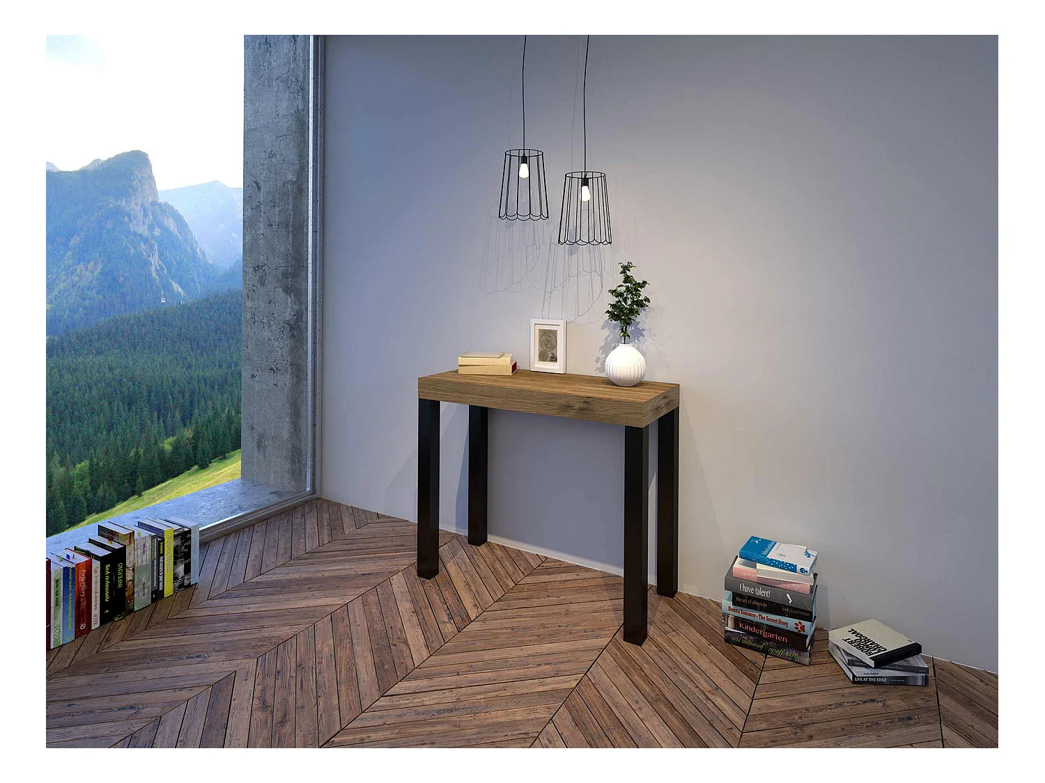 Uitschuifbare console in hout en antraciet staal Elvira 90x40/196 of 90x40/300 cm-Kleur Natuurlijk-Steun 2 voet-Verlengsnoeren 3 uitbreidingen