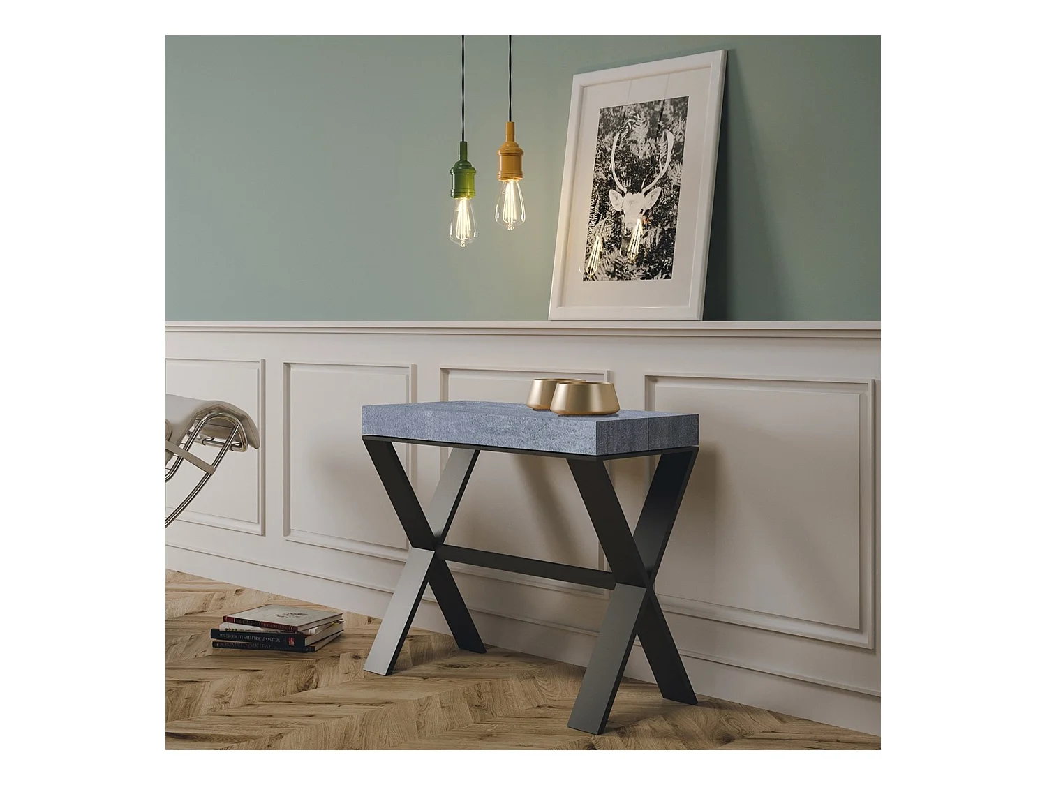 Ausziehbarer Konsolentisch 90x40/300 cm Xenia Zement mit Eisenrahmen aus Anthrazit