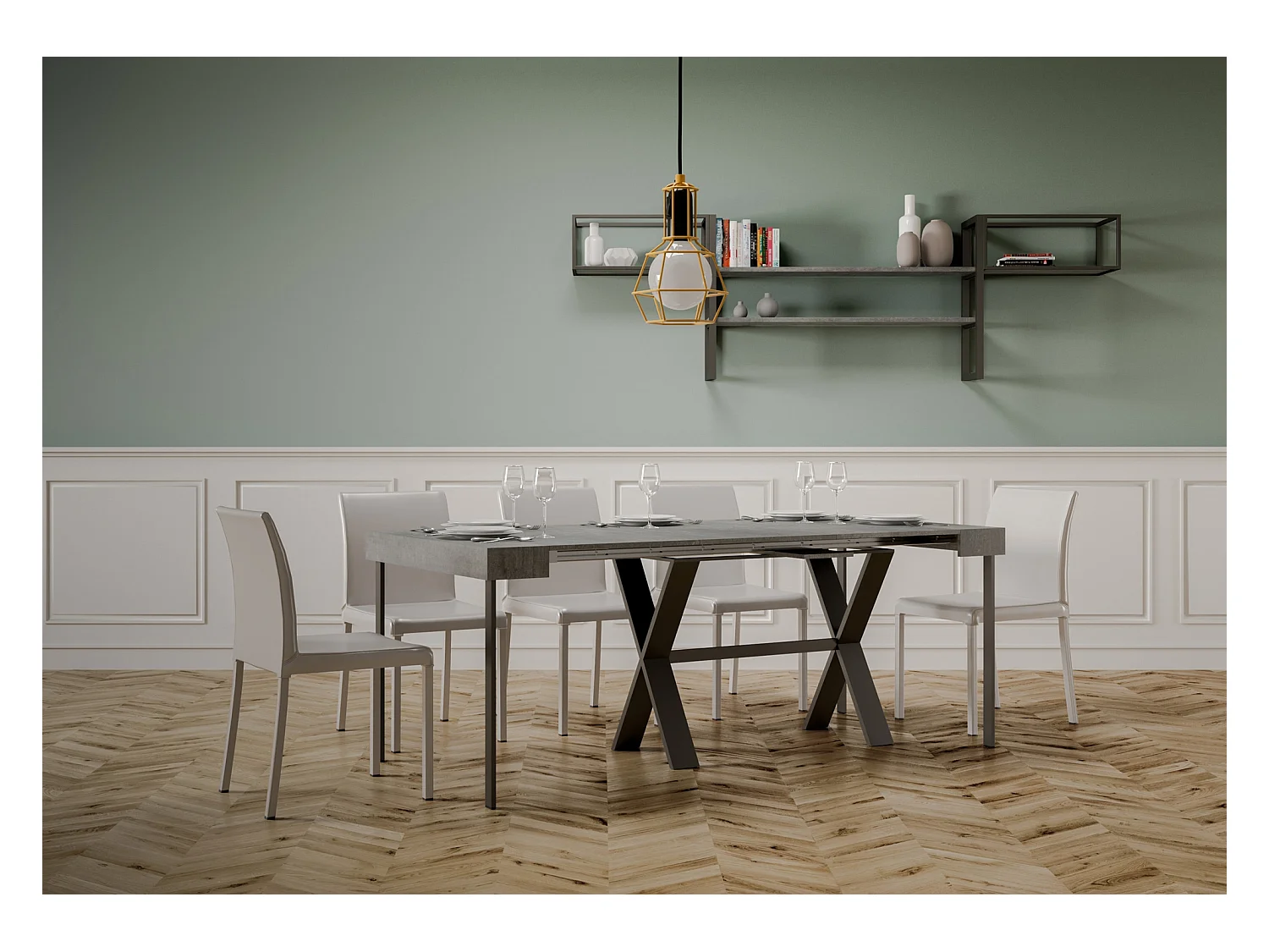 Ausziehbarer Konsolentisch 90x40/300 cm Xenia Zement mit Eisenrahmen aus Anthrazit