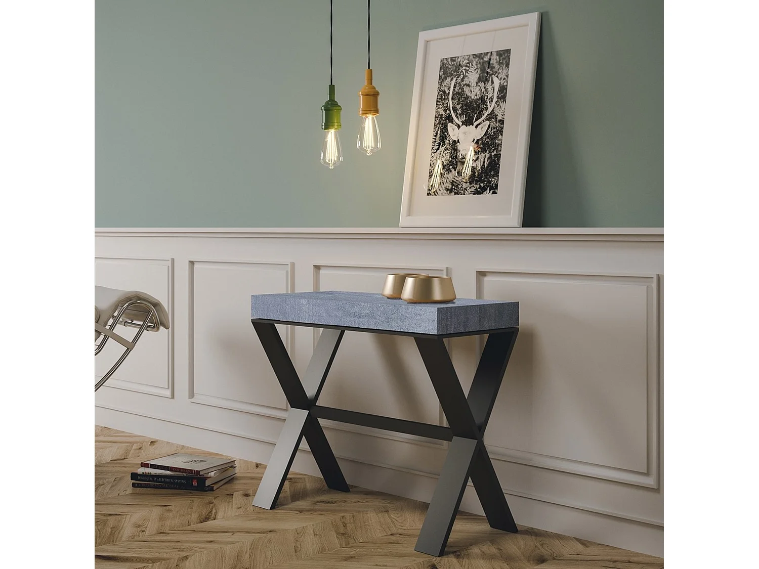 Console extensible 90x40/300 cm Xenia Gris Béton cadre Anthracite