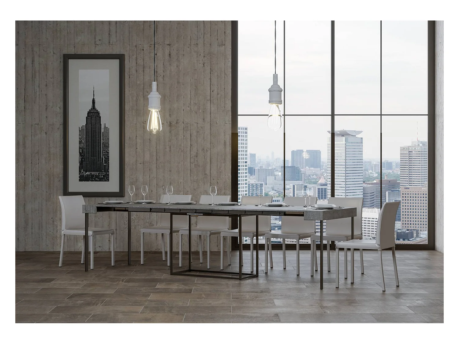 Console extensible 90x40/300 cm Nordica Gris Béton cadre Anthracite