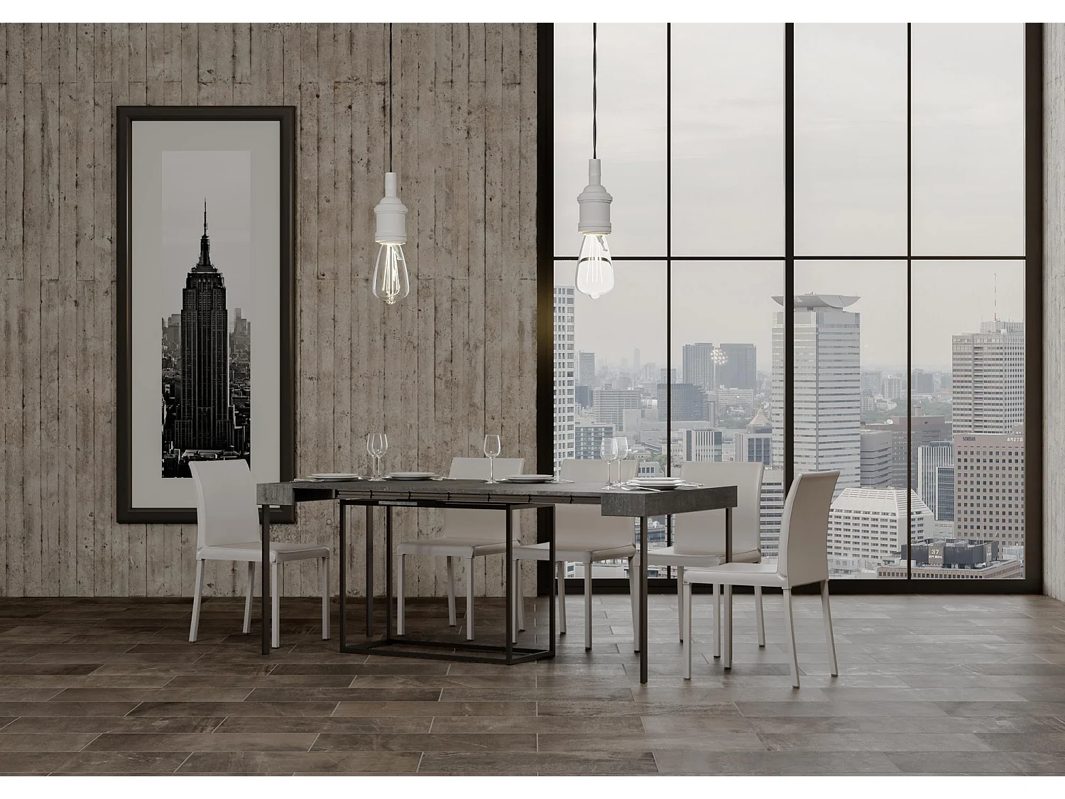 Console extensible 90x40/300 cm Nordica Gris Béton cadre Anthracite