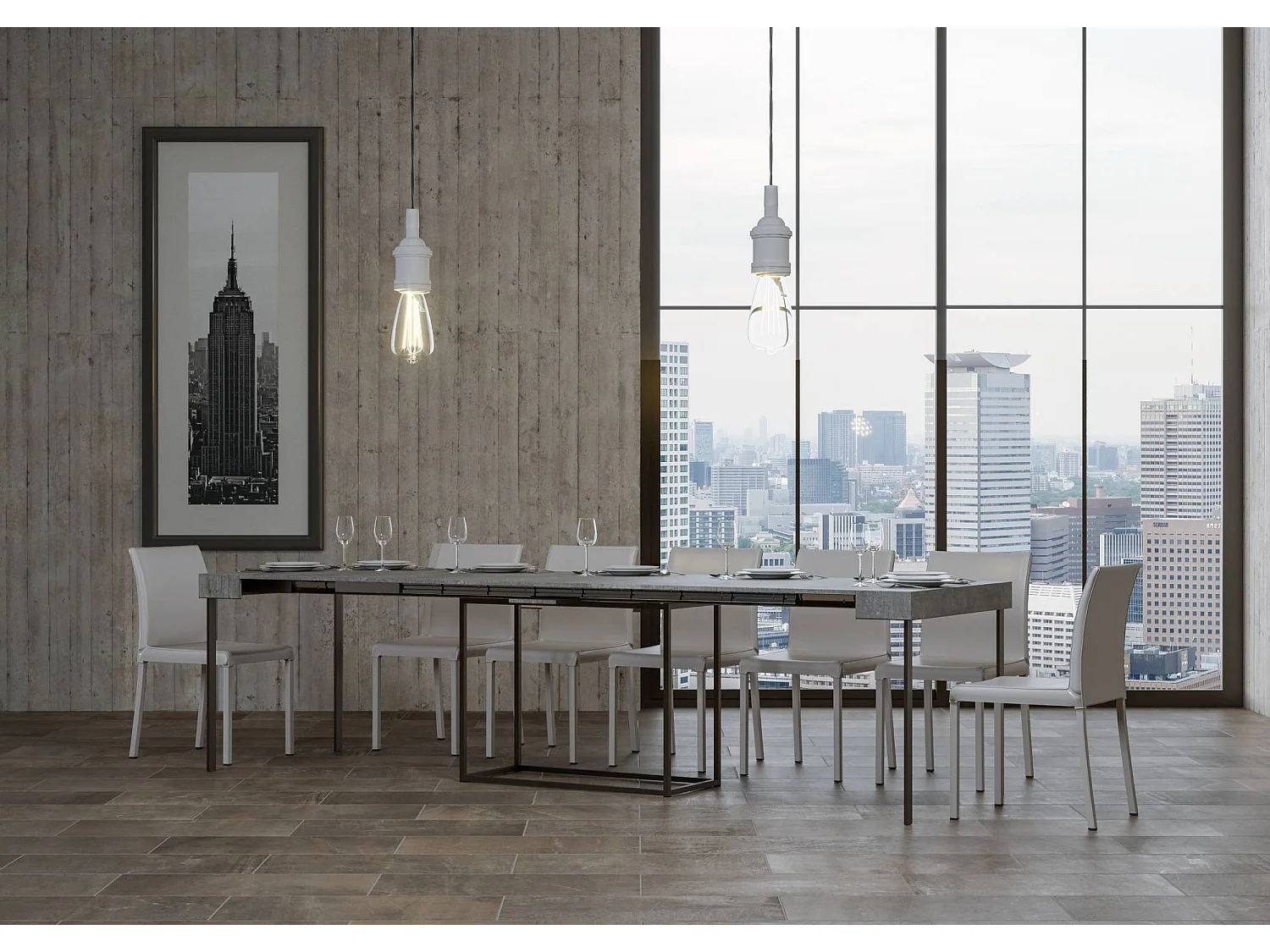 Console extensible 90x40/300 cm Nordica Gris Béton cadre Anthracite