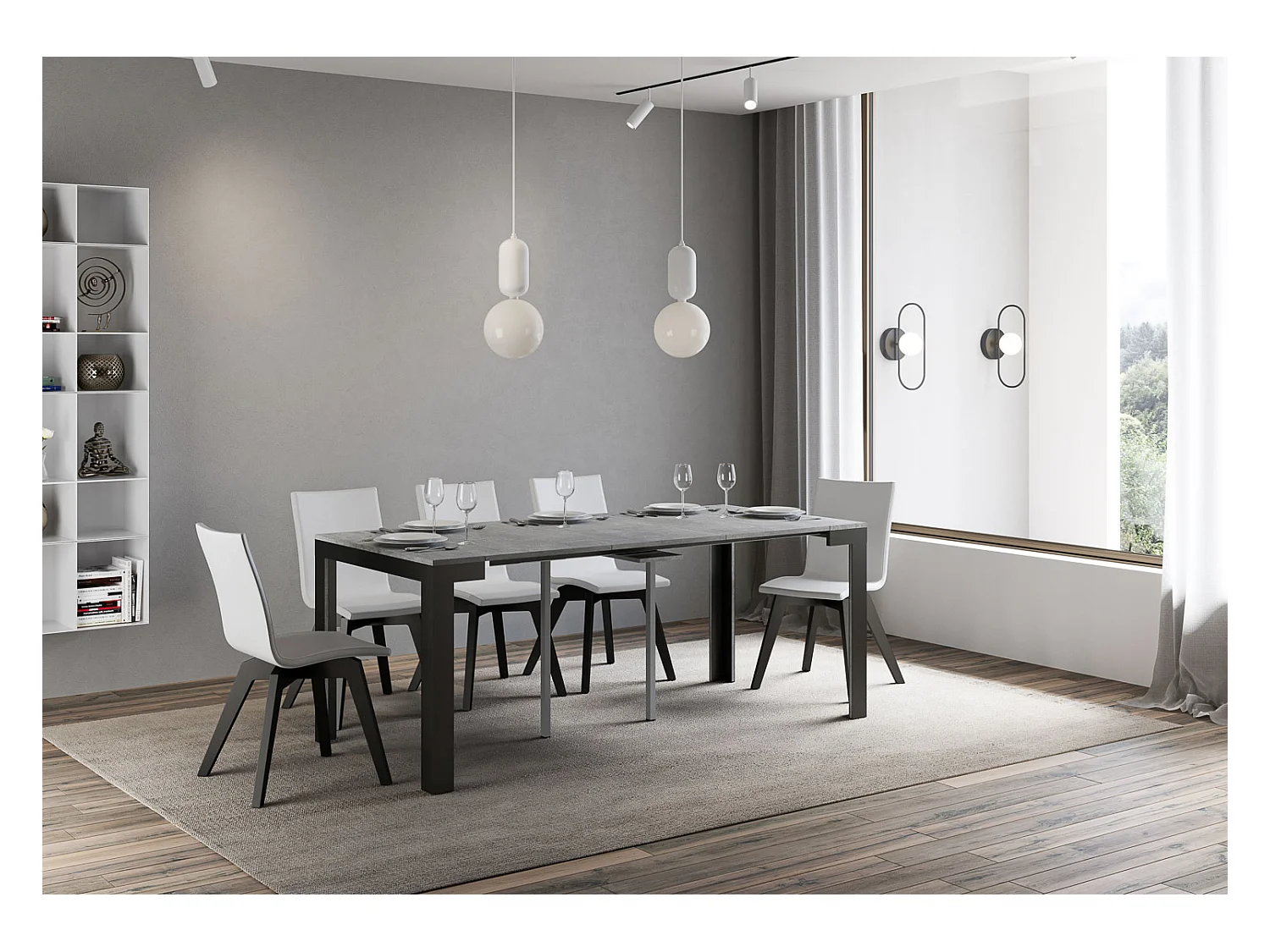 Uitschuifbare sidetable 90x40/300 cm Linea Evolution cement met antraciet frame