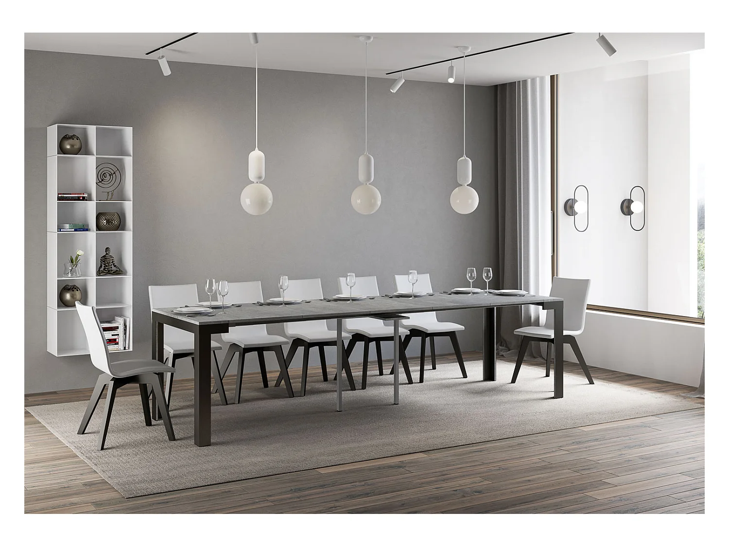 Uitschuifbare sidetable 90x40/300 cm Linea Evolution cement met antraciet frame