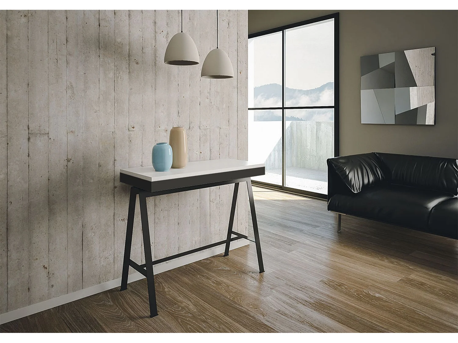 Console extensible 90x40/196 cm Banco Evolution Small Frêne Blanc cadre Anthracite