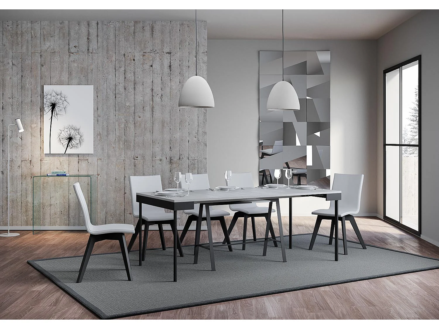Console extensible 90x40/196 cm Banco Evolution Small Frêne Blanc cadre Anthracite