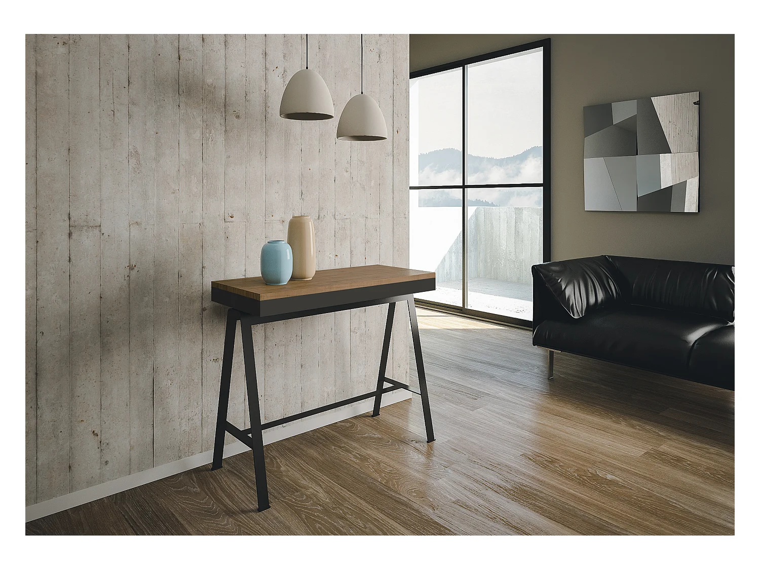 Konsola rozkładana 90x40/190 cm Małe biurko Evolution o strukturze bejcowanej jodły w kolorze antracytowym