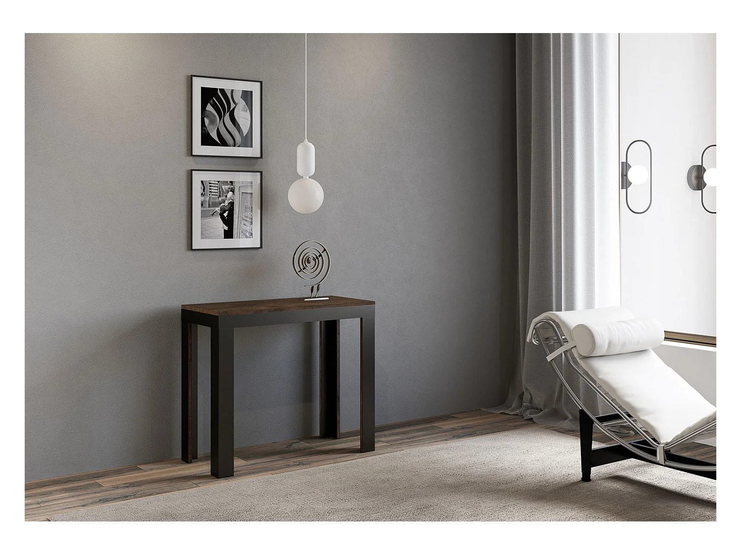 Uitschuifbare sidetable 90x40/300 cm Linea Evolution walnoot met antraciet frame