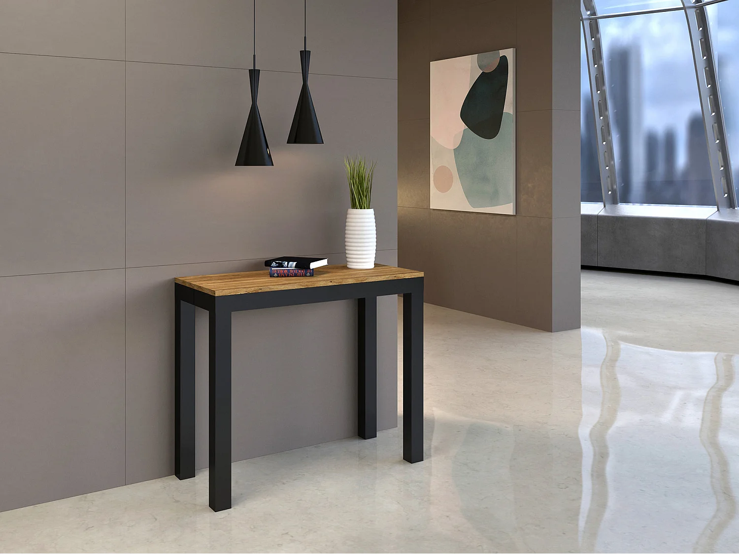 Udtrækkeligt konsolbord 90x40/300 cm Everyday Evolution Naturlig eg Antracit stel