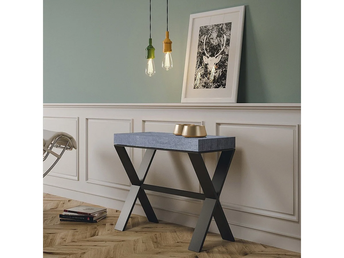 Consola extensible con patas en X Xenia 90x40/196 o 90x40/300 cm-Color Gris cemento-5 alargaderas gruesas