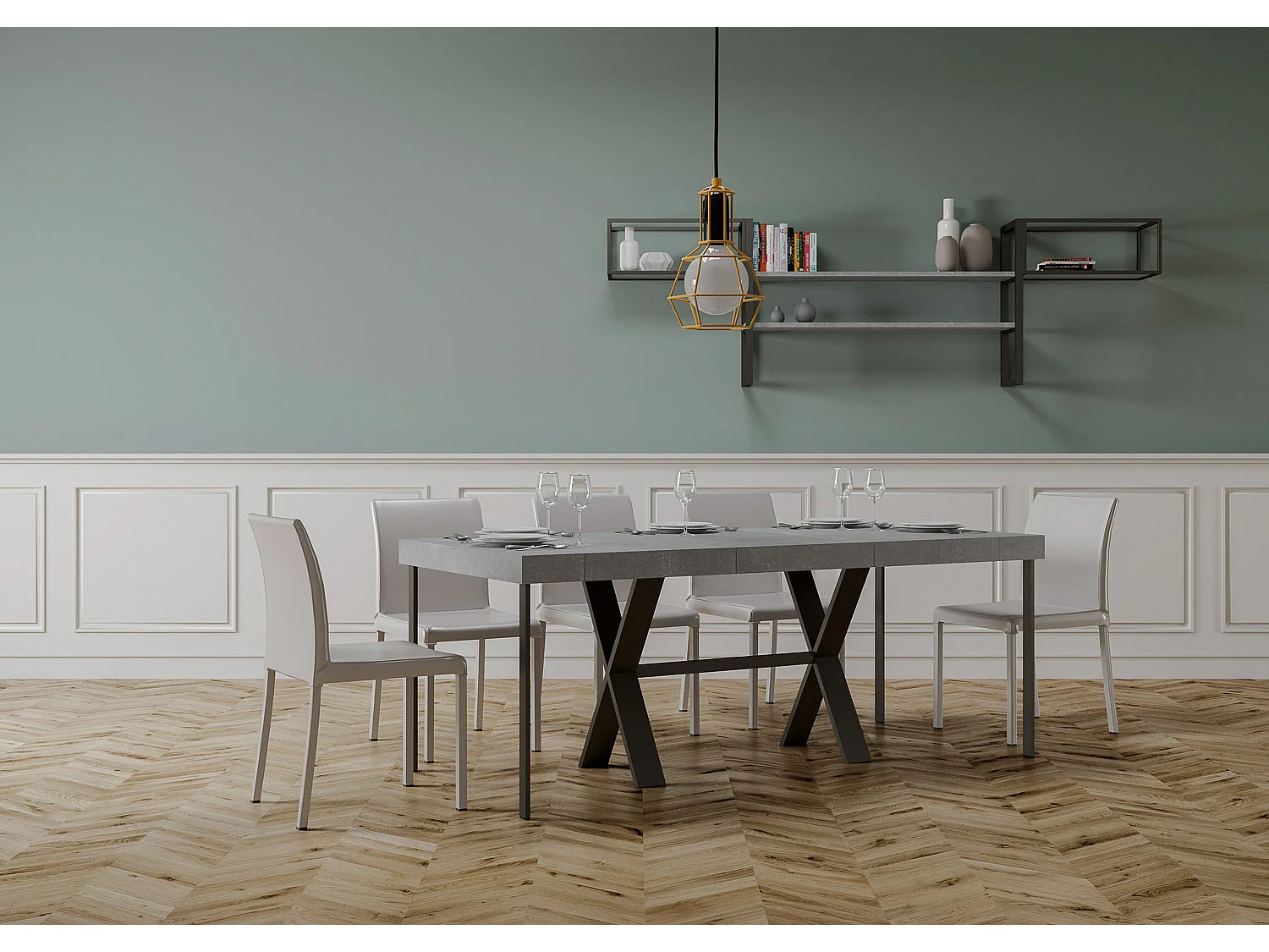 Consola extensible con patas en X Xenia 90x40/196 o 90x40/300 cm-Color Gris cemento-5 alargaderas gruesas