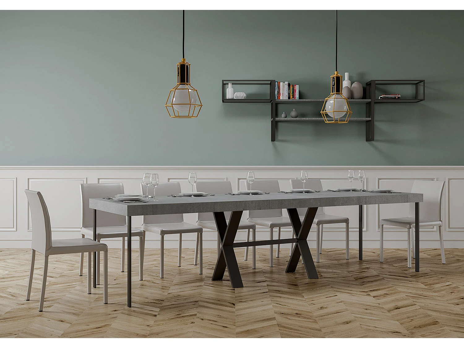 Consola extensible con patas en X Xenia 90x40/196 o 90x40/300 cm-Color Gris cemento-5 alargaderas gruesas