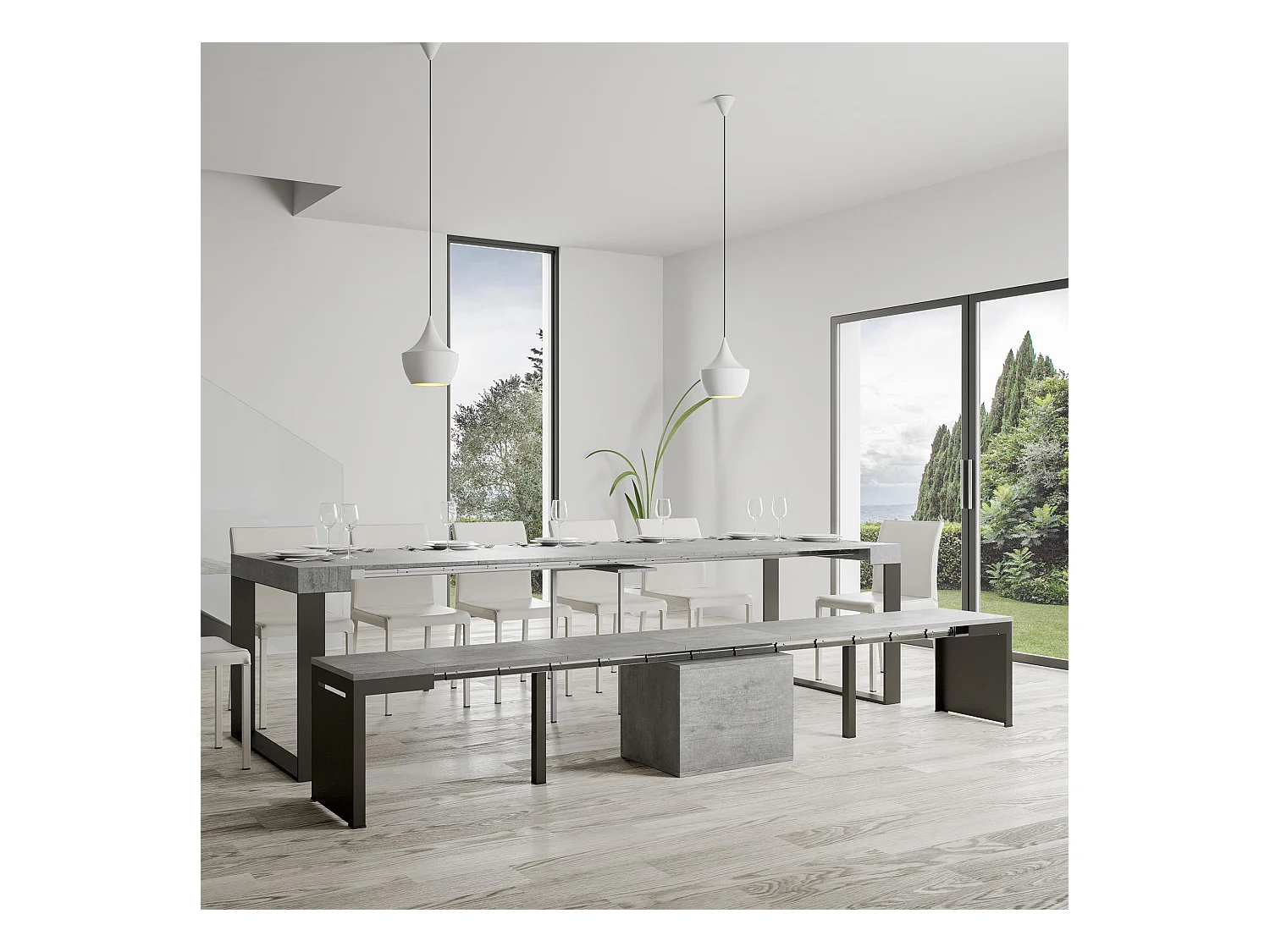 Uitschuifbare zitbank 55x40/305 cm Walk cement met antraciet frame