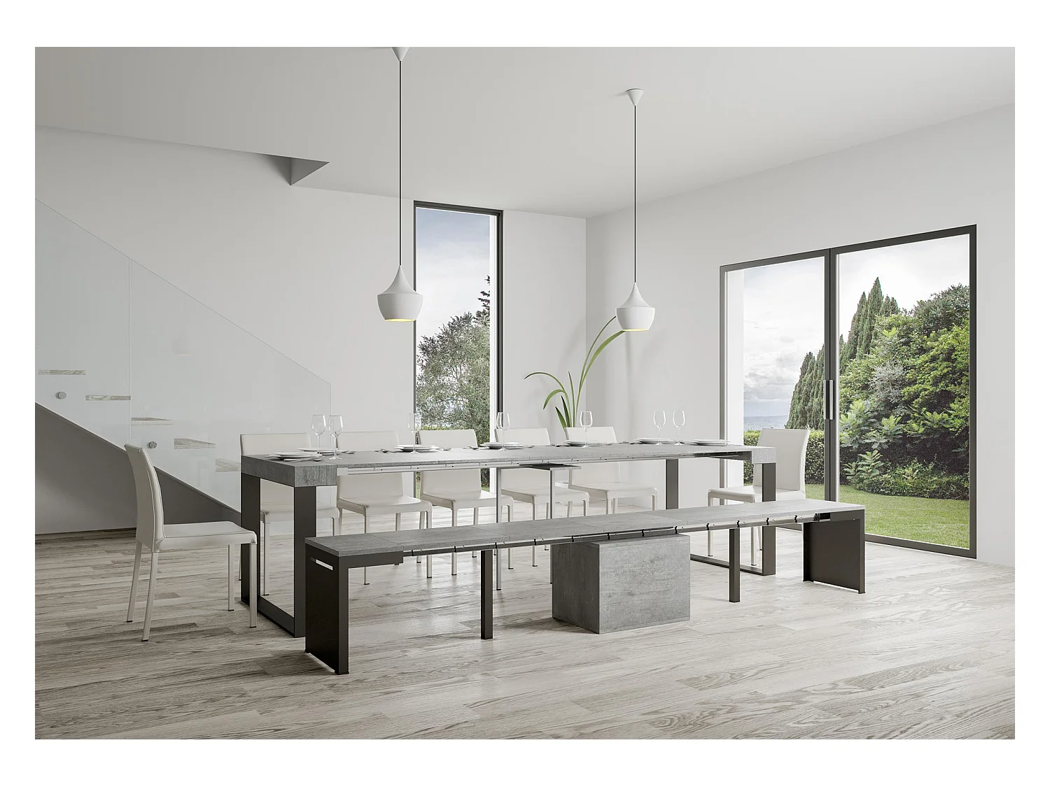 Uitschuifbare zitbank 55x40/305 cm Walk cement met antraciet frame