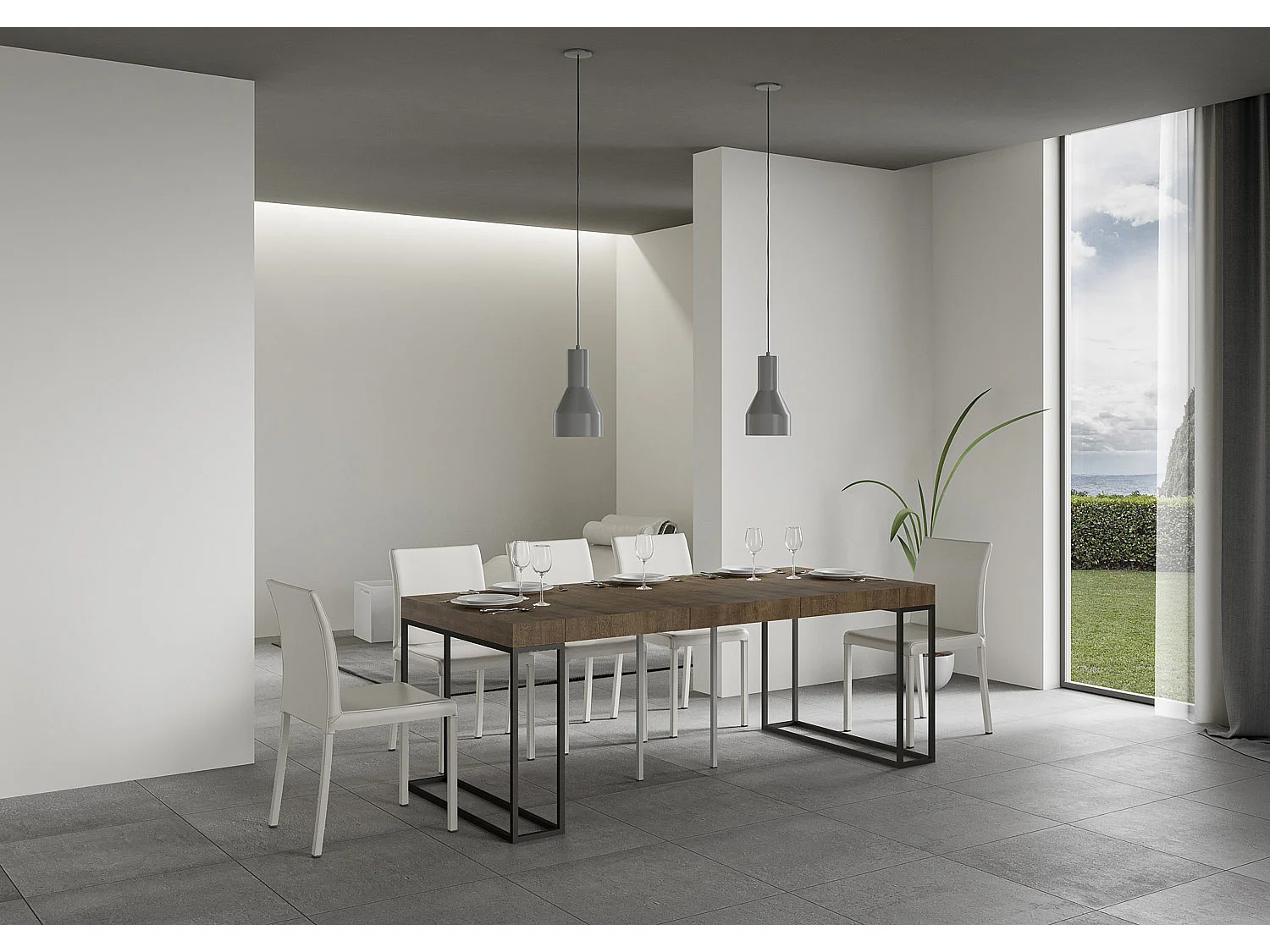 Consola Epika extensible de madera y 3 patas de acero antracita-Color Marrón-Soporte 2 pies-5 alargaderas gruesas