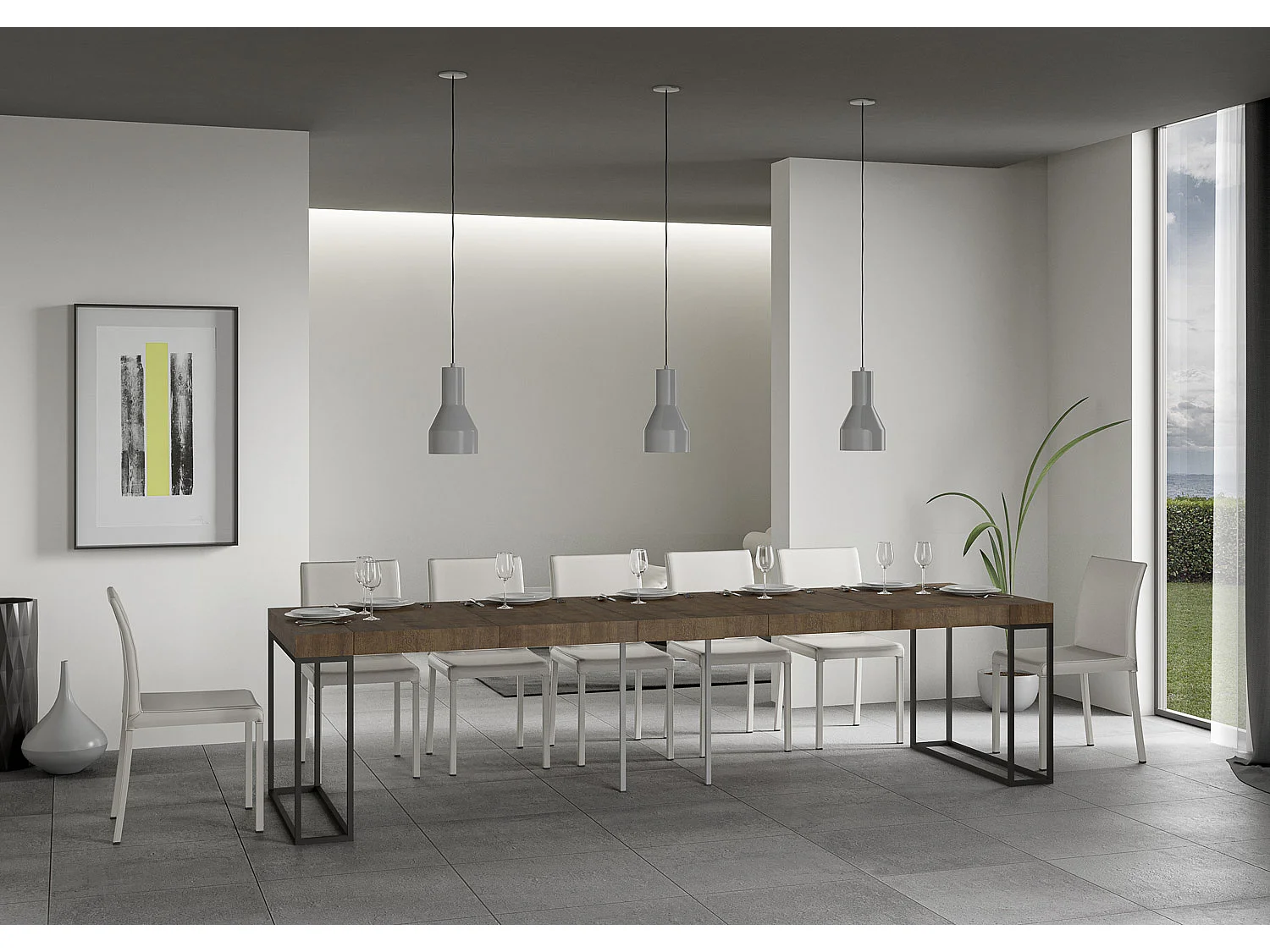 Consola Epika extensible de madera y 3 patas de acero antracita-Color Marrón-Soporte 2 pies-5 alargaderas gruesas