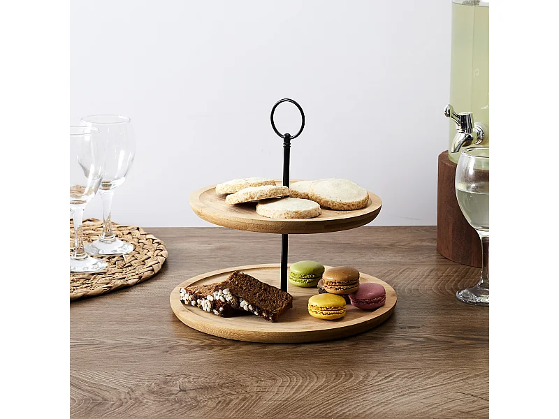 Presentoir 2 Etages Bambou Noir, Marron