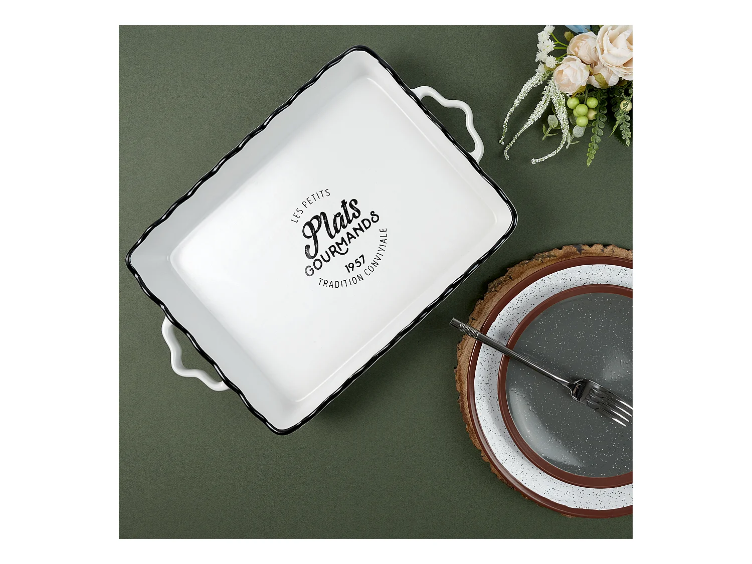 Plat Rectangulaire 40x26.3x6.2cm Blanc, Noir