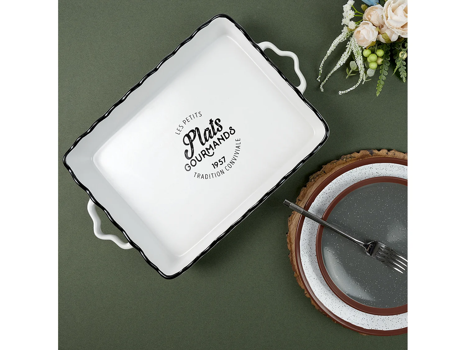 Plat Rectangulaire 40x26.3x6.2cm Blanc, Noir