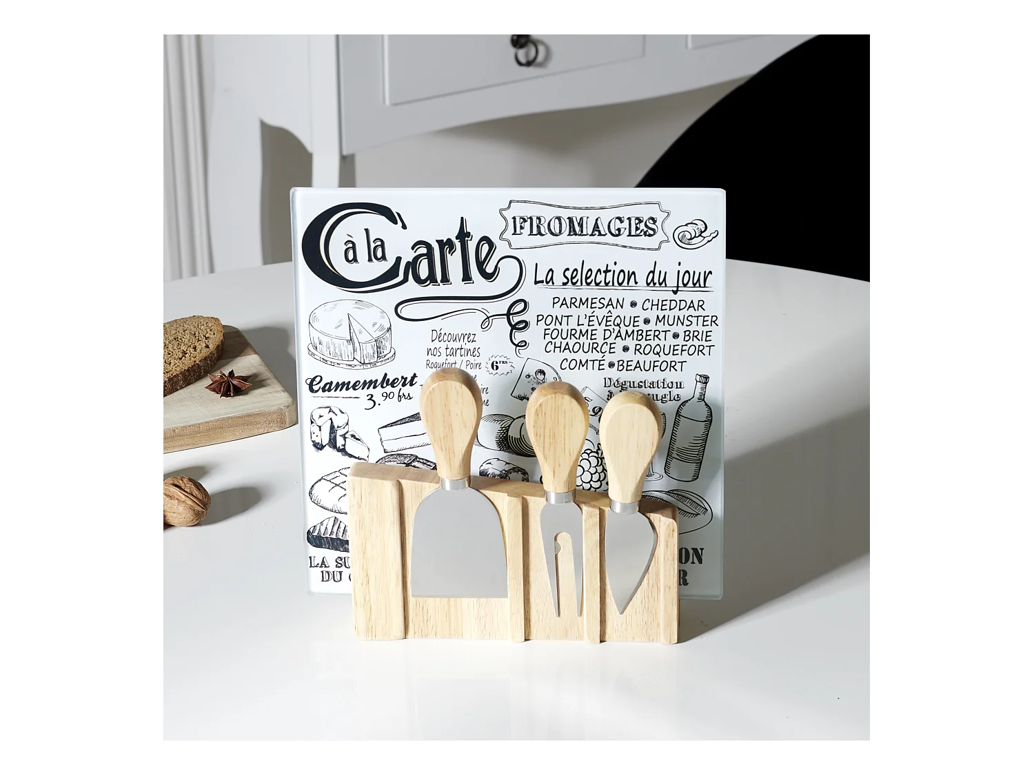Tabla de quesos con soporte + 3 utensilios magnéticos