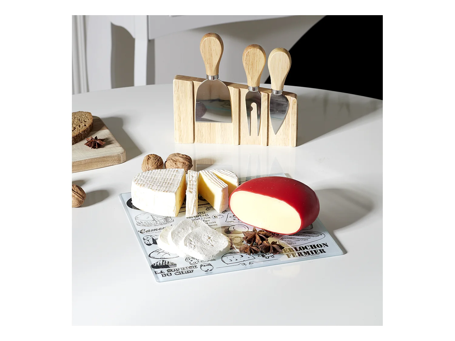 Planche A Fromage Avec 3 Ustensiles Aimantes Blanc, Noir, Marron
