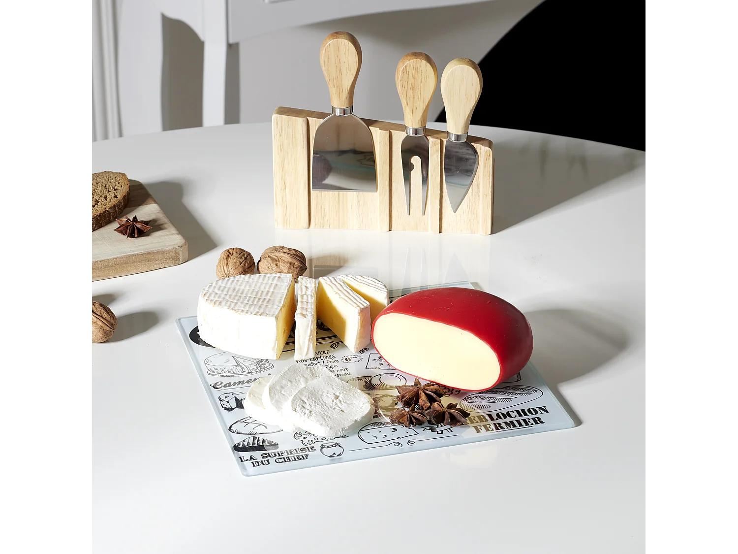 Planche A Fromage Avec 3 Ustensiles Aimantes Blanc, Noir, Marron