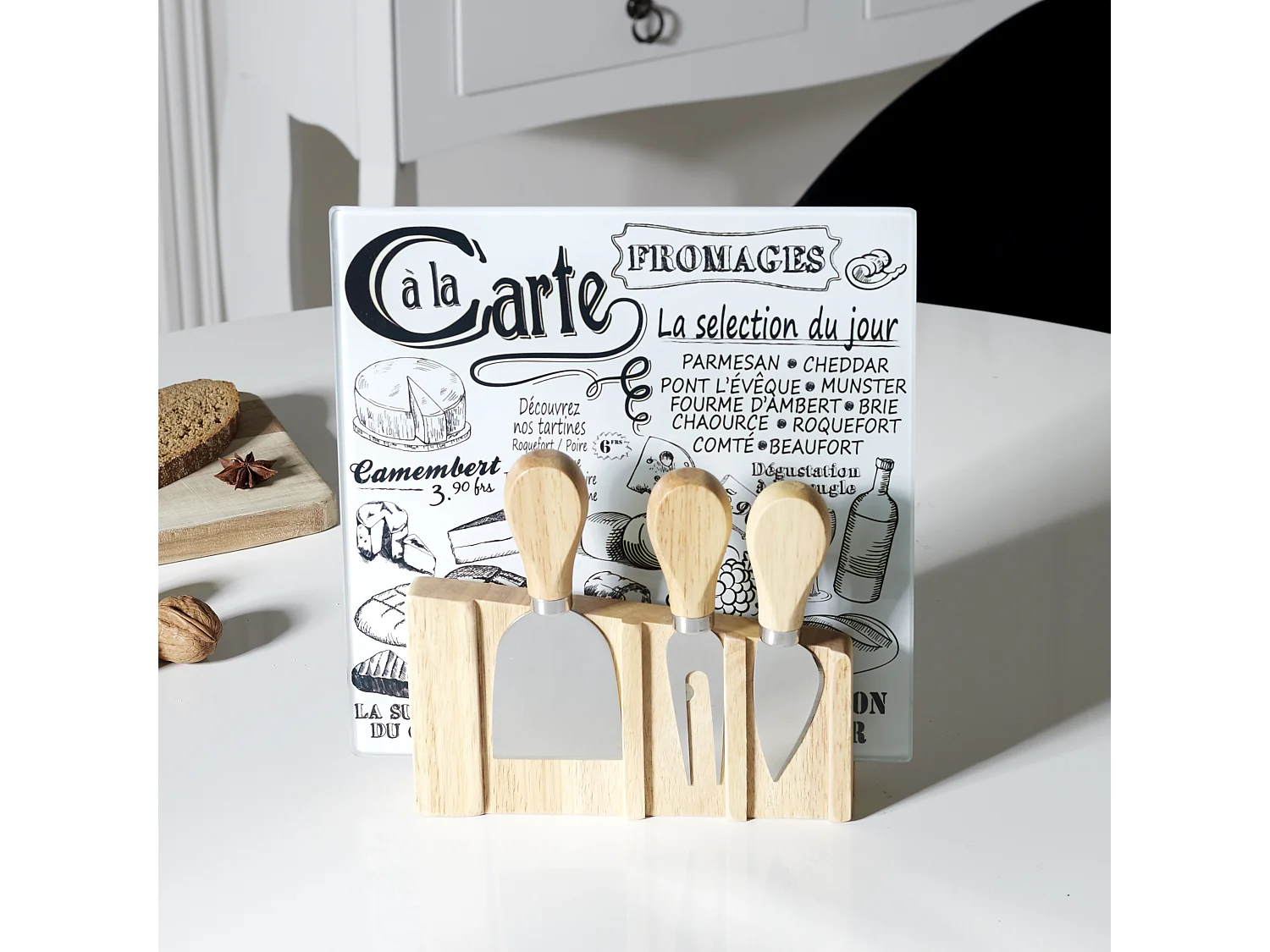 Planche A Fromage Avec 3 Ustensiles Aimantes Blanc, Noir, Marron