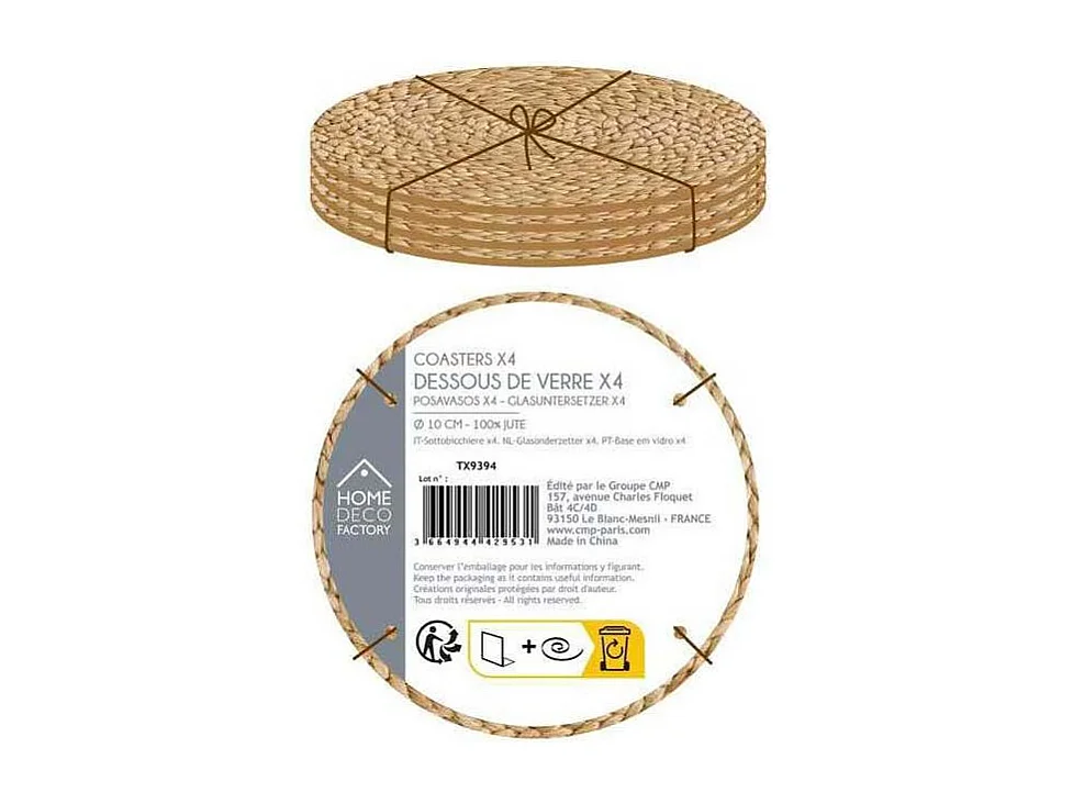 Dessous De Verre Jute 10cm X4 Marron