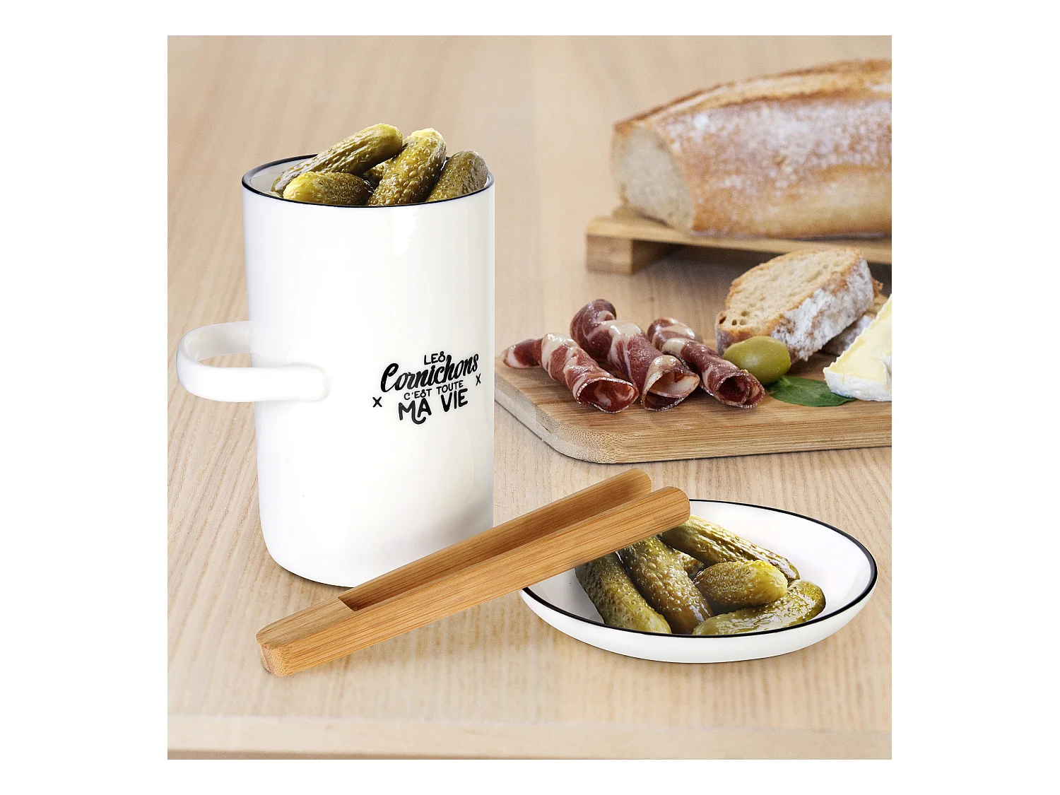 Pot A Cornichon Avec Soucoupe Et Pince M8 Blanc, Noir, Marron