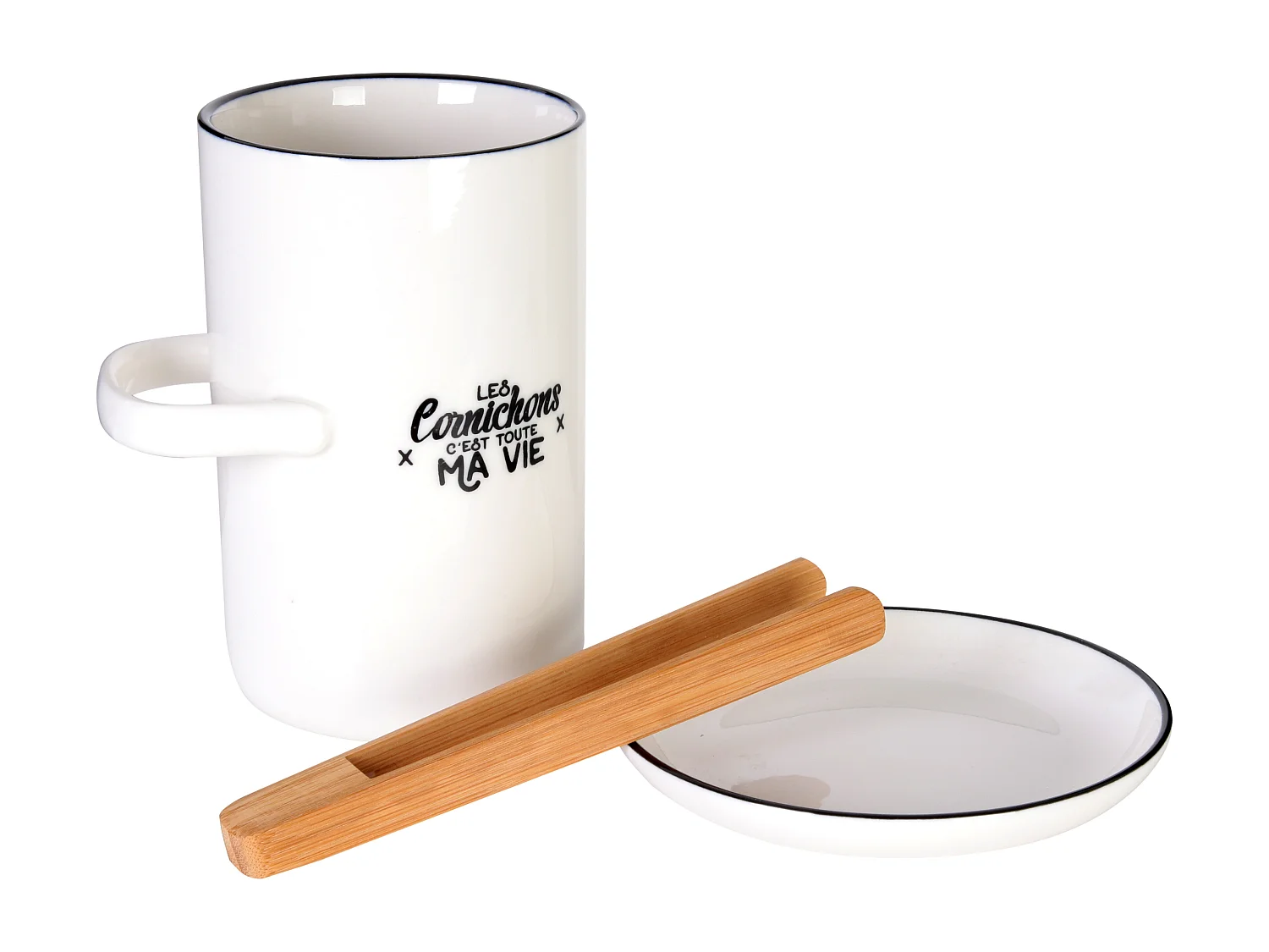 Präsentierbecher für Gewürzgurken mit Untertasse und Zange