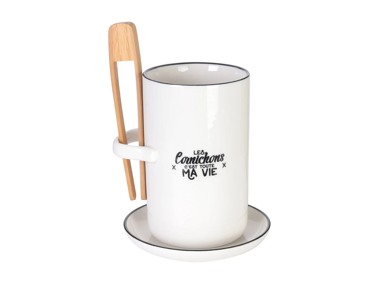 Präsentierbecher für Gewürzgurken mit Untertasse und Zange