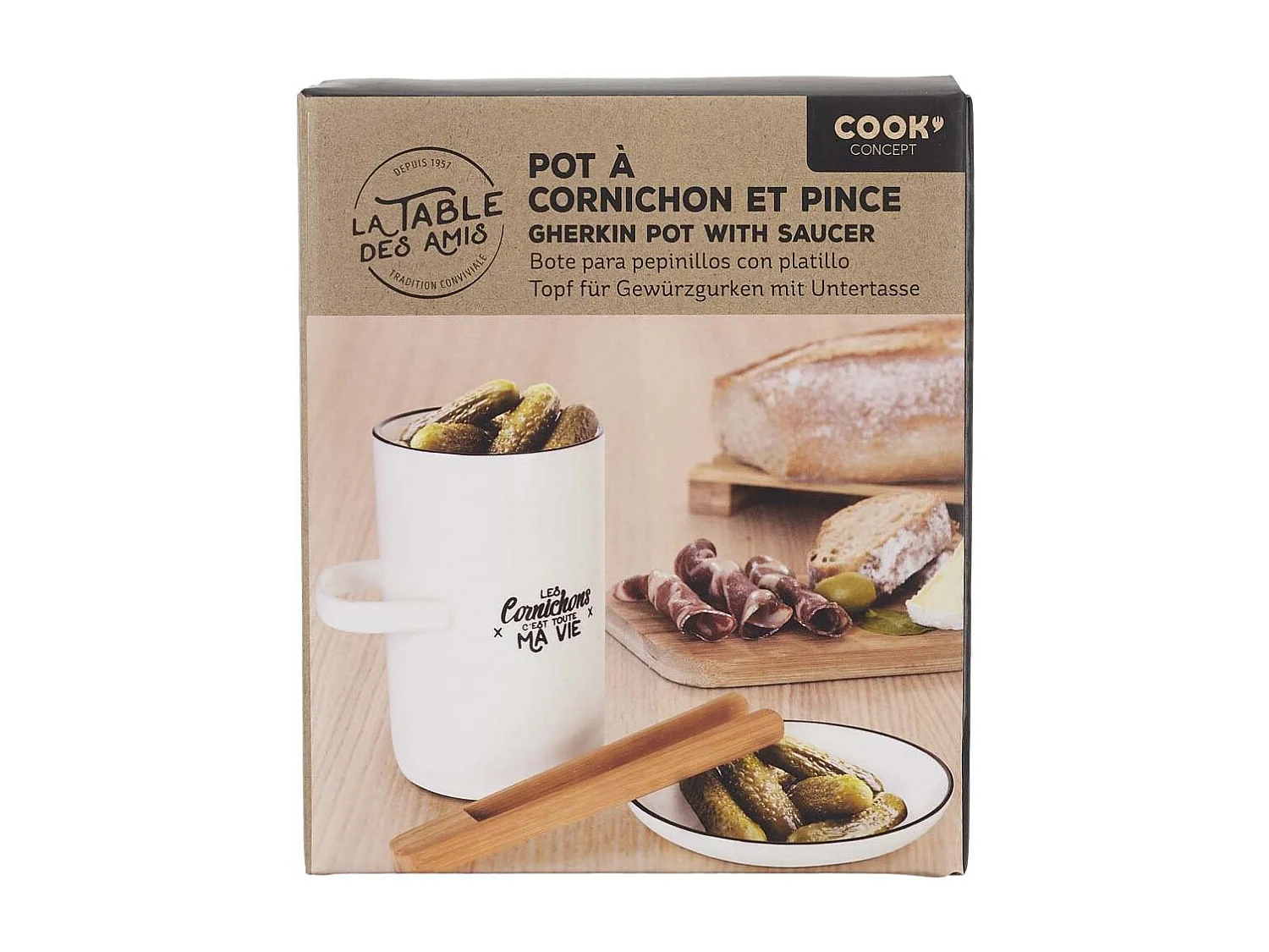 Präsentierbecher für Gewürzgurken mit Untertasse und Zange