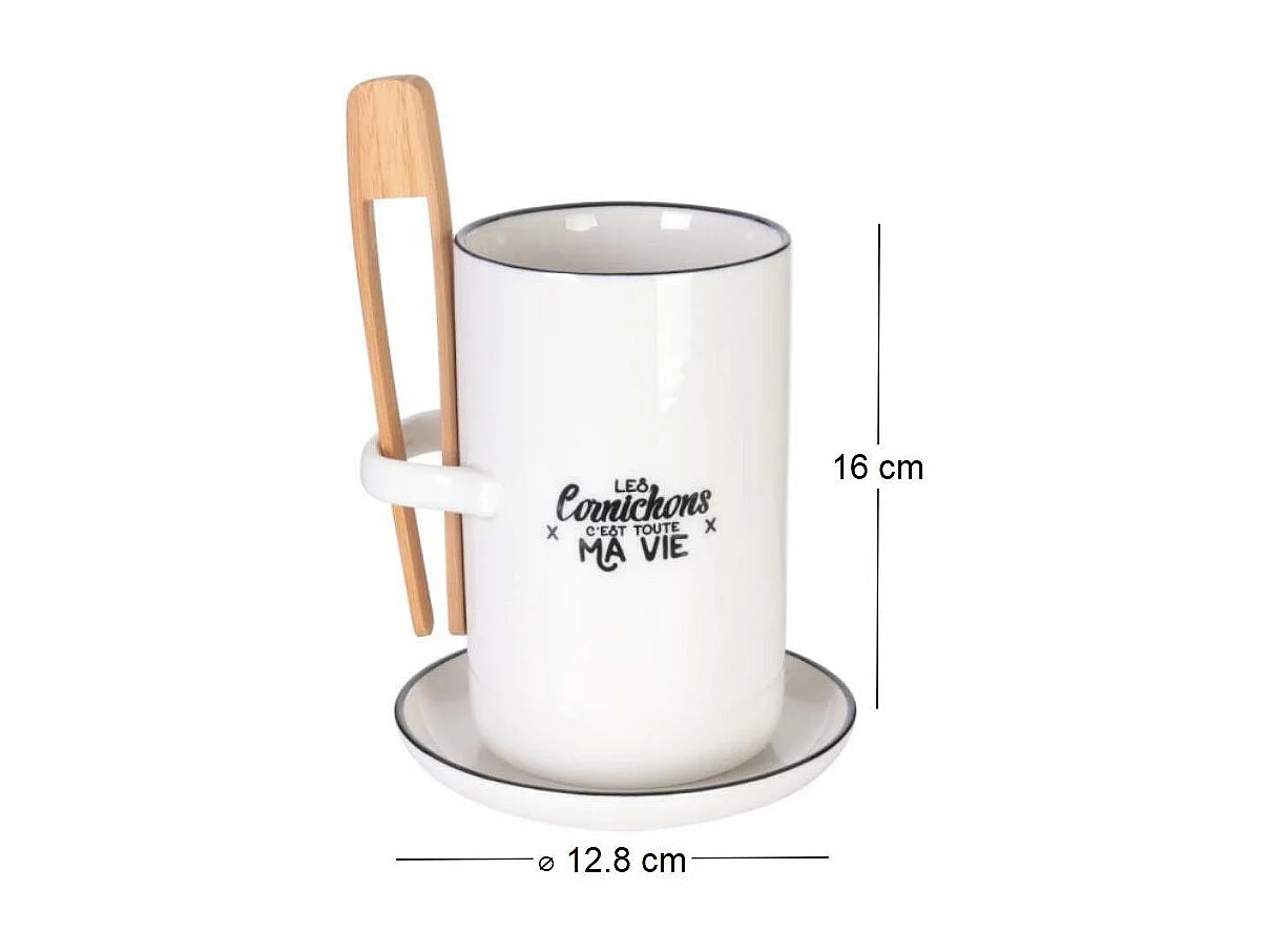Präsentierbecher für Gewürzgurken mit Untertasse und Zange