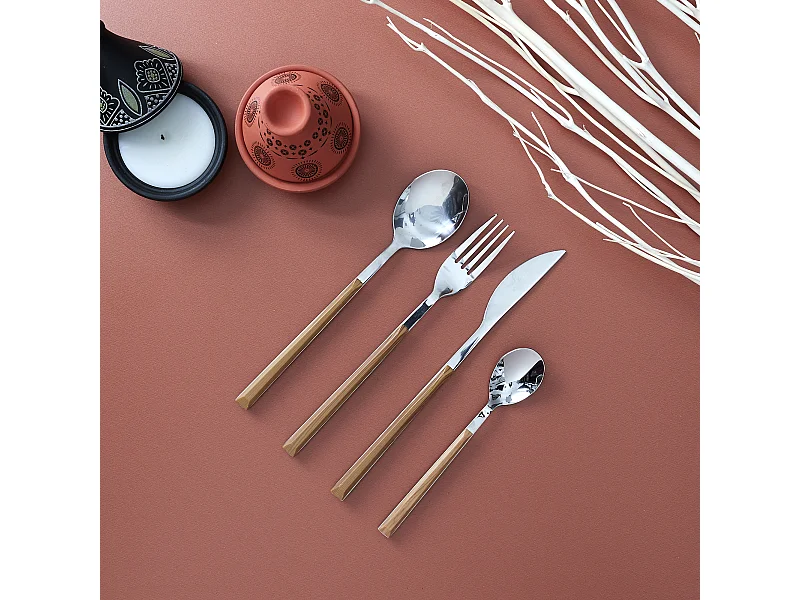 Menagere Effet Bois X16 Marron, Argent