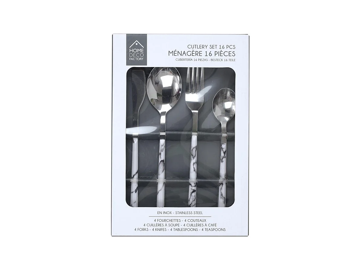 Menagere Effet Marbre X16 Noir, Blanc