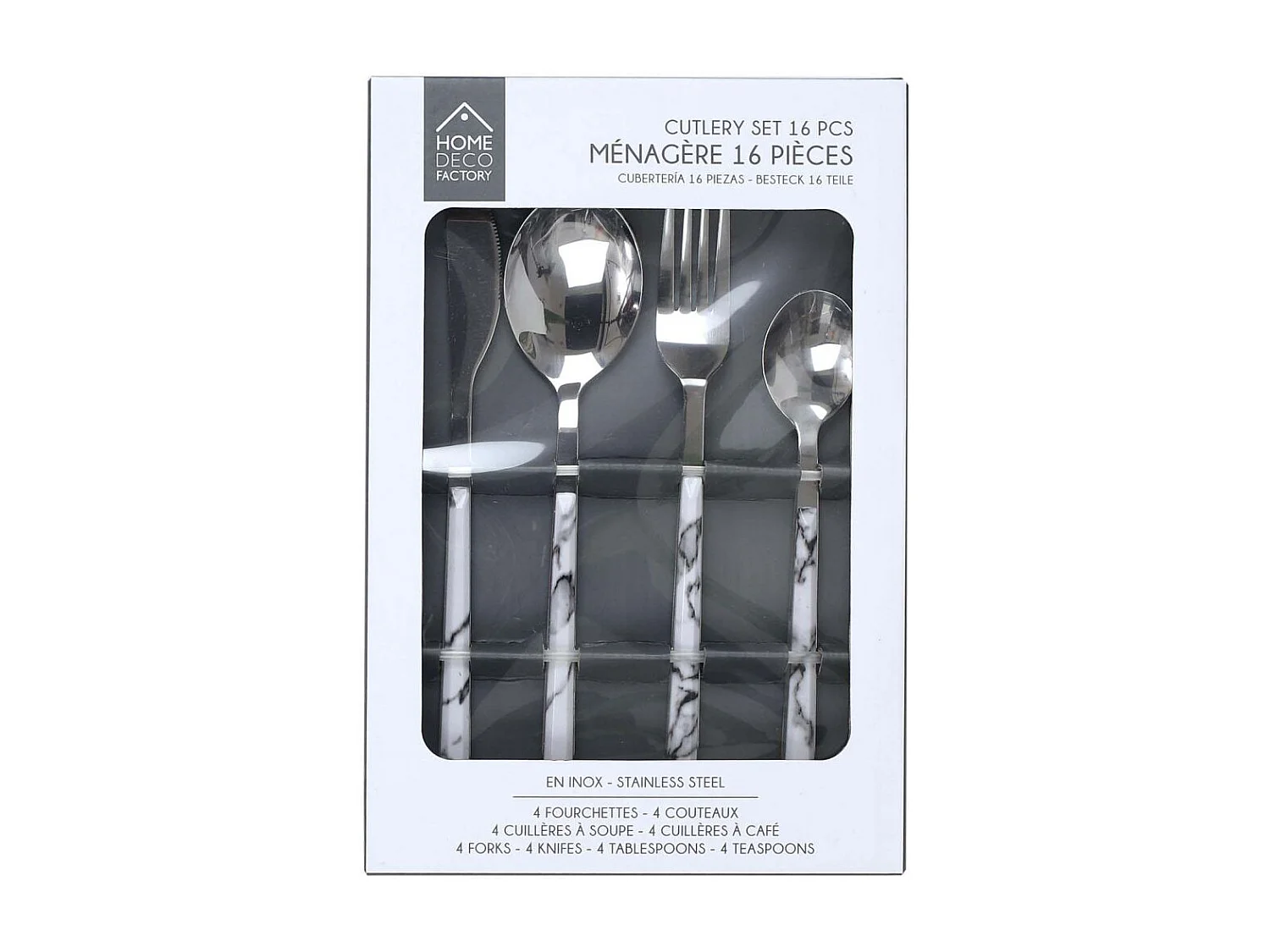 Menagere Effet Marbre X16 Noir, Blanc