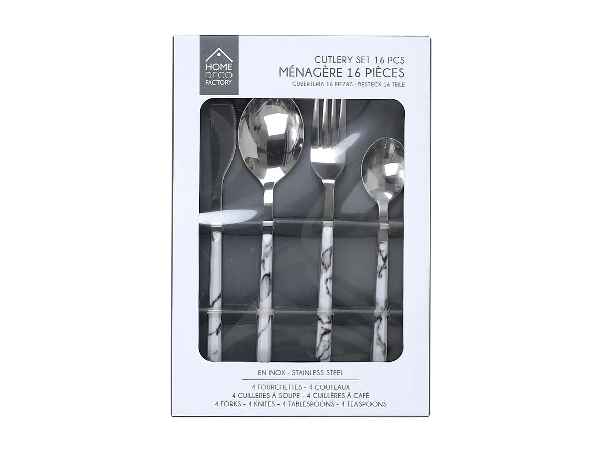 Menagere Effet Marbre X16 Noir, Blanc